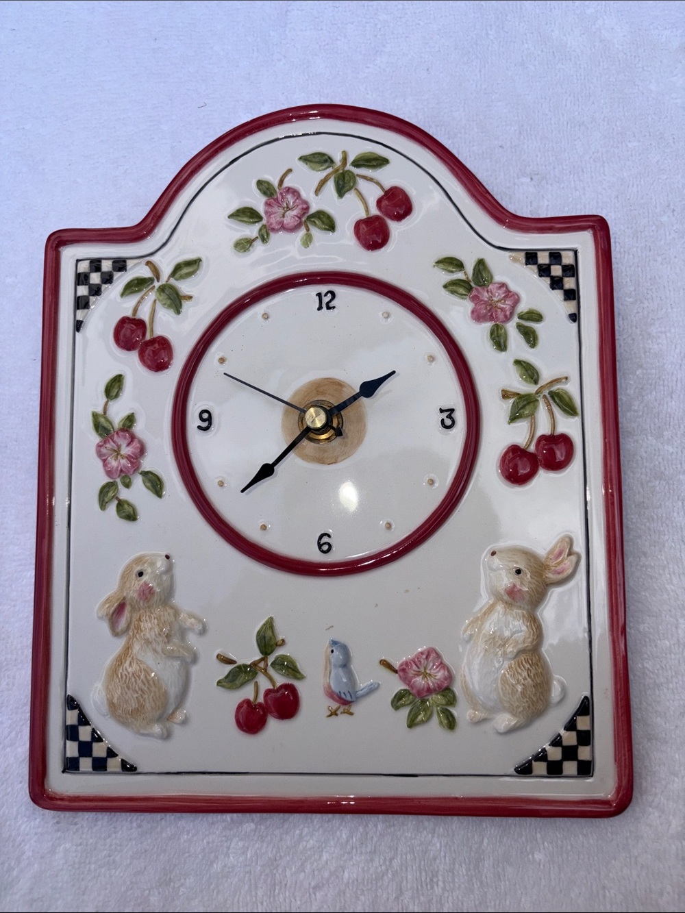 Ceramic Bunny & Cherry Wall Clock in Red Trim
